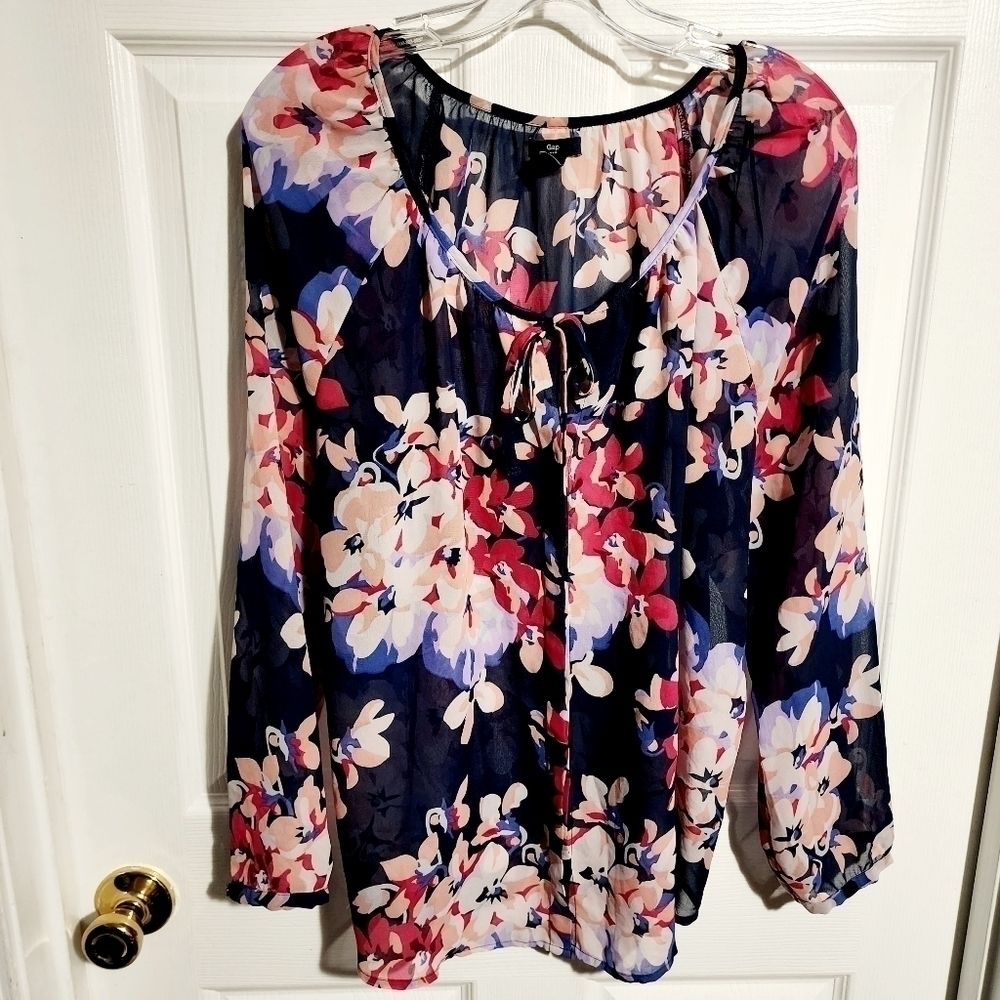 Gap Navy Sheer Floral Top Women's Large L Scoop Neck Tie Front Button Down EUC